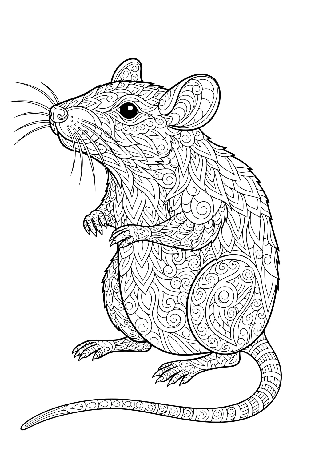 Patterned rat sitting upright, with swirls and leaf designs on fur and a long thin tail curled around.