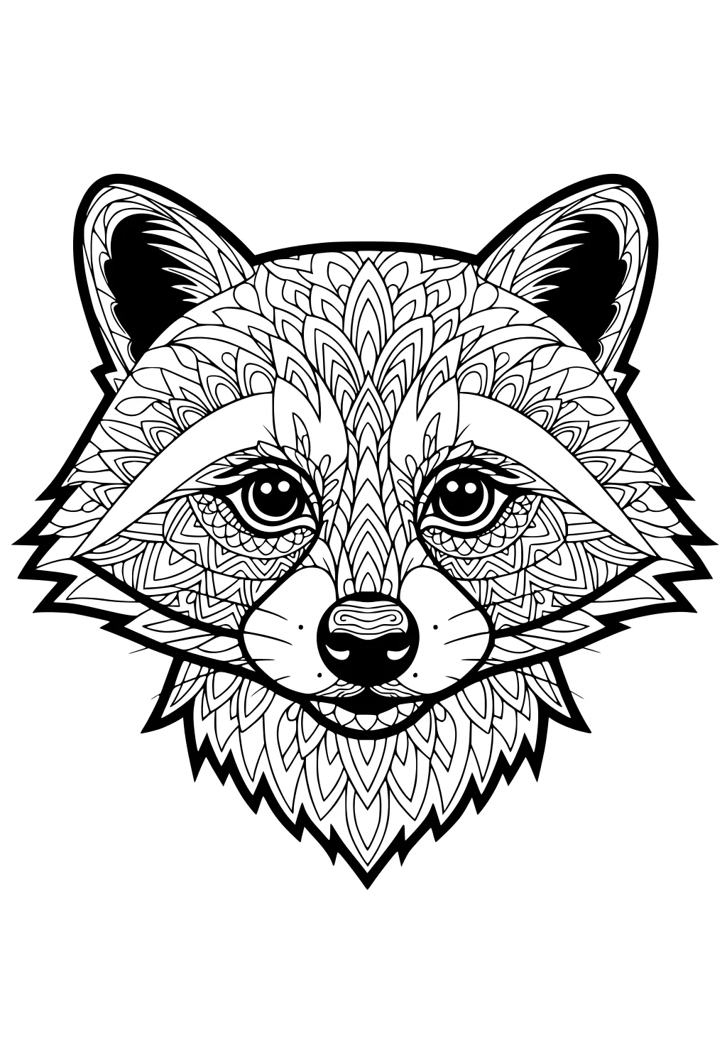 Line drawing of a raccoon face filled with intricate leaf and swirl patterns and large round eyes.