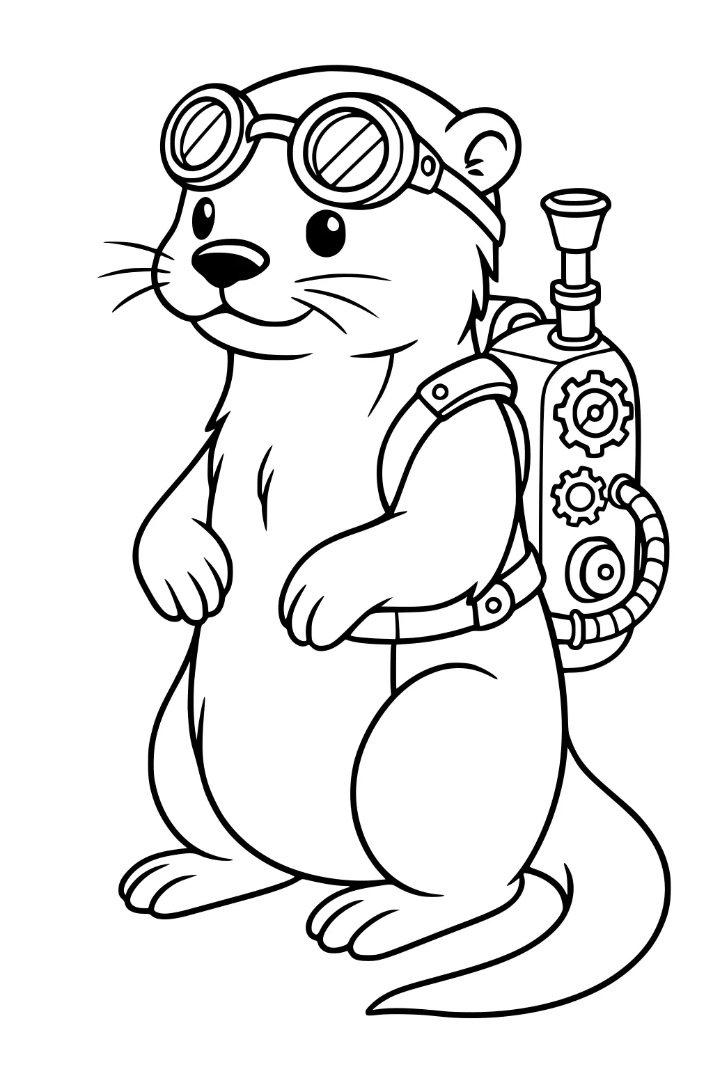 Standing otter with round goggles and a mechanical backpack full of gears and pipes