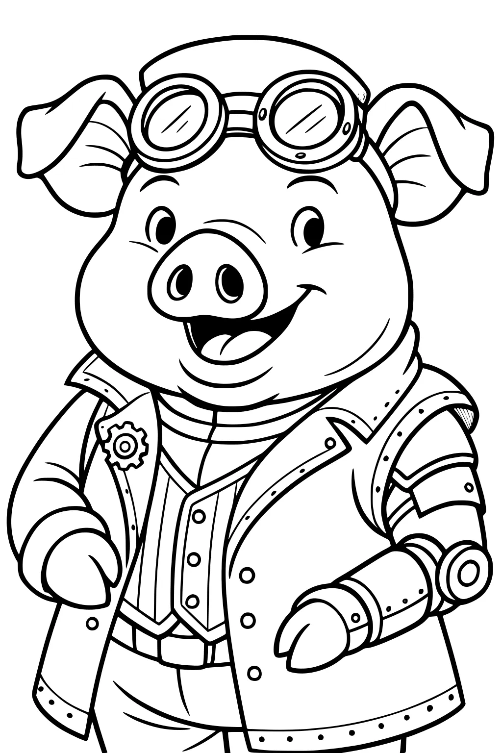 Cartoon pig wearing goggles and a jacket with a mechanical arm and a gear pin, smiling with its tongue out.