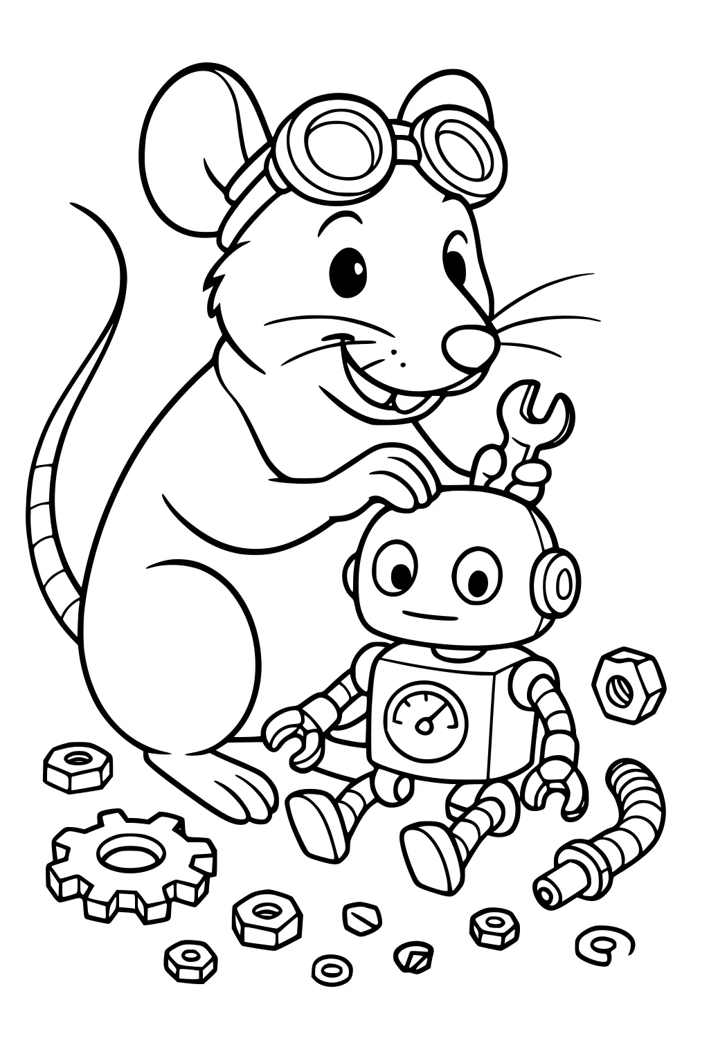 Rat with goggles using wrench to fix a small robot, surrounded by gears, nuts, and bolts.