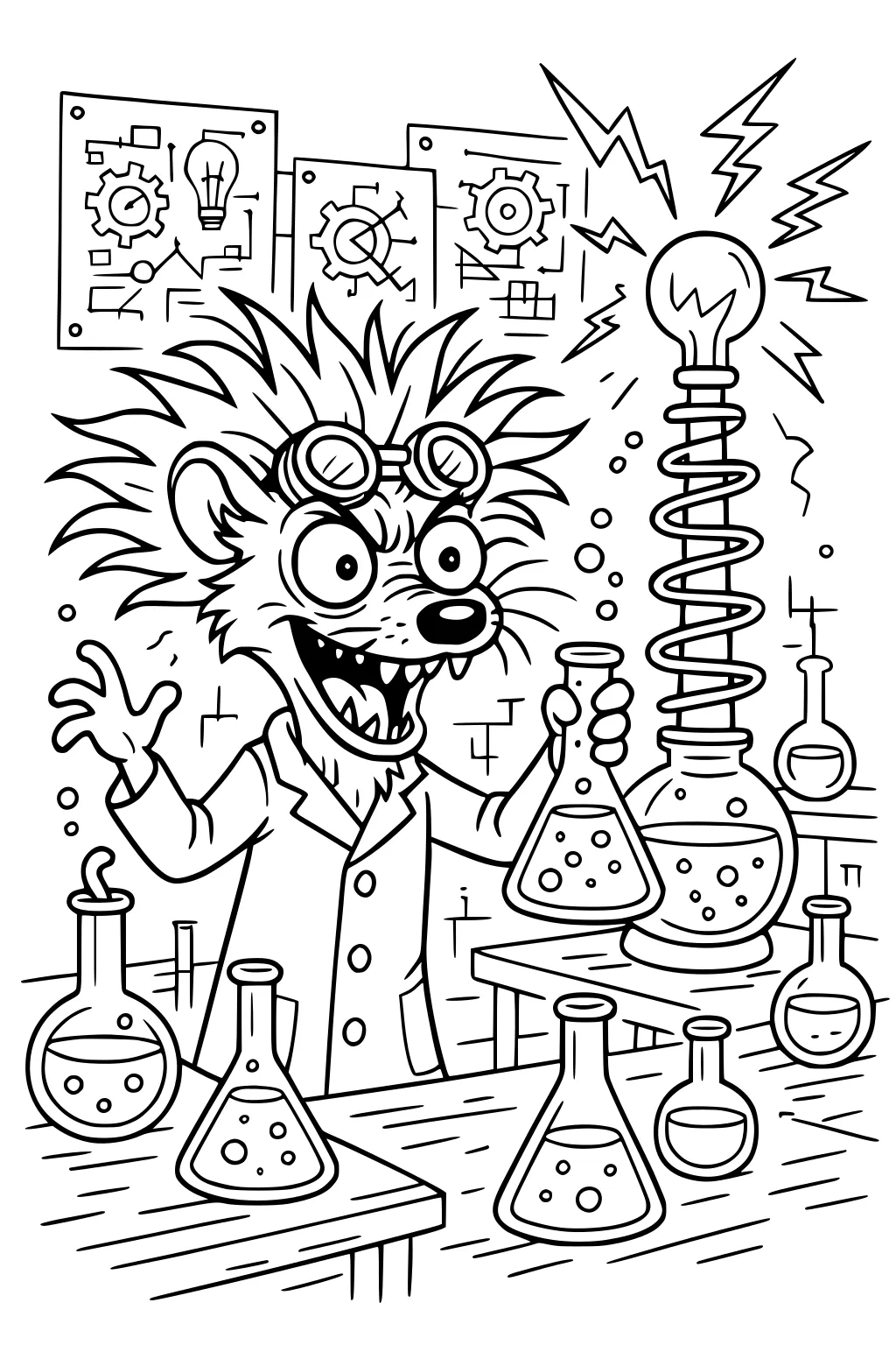 Cartoon weasel scientist with messy hair in a lab coat, holding a beaker in a laboratory full of science bottles and equipment.