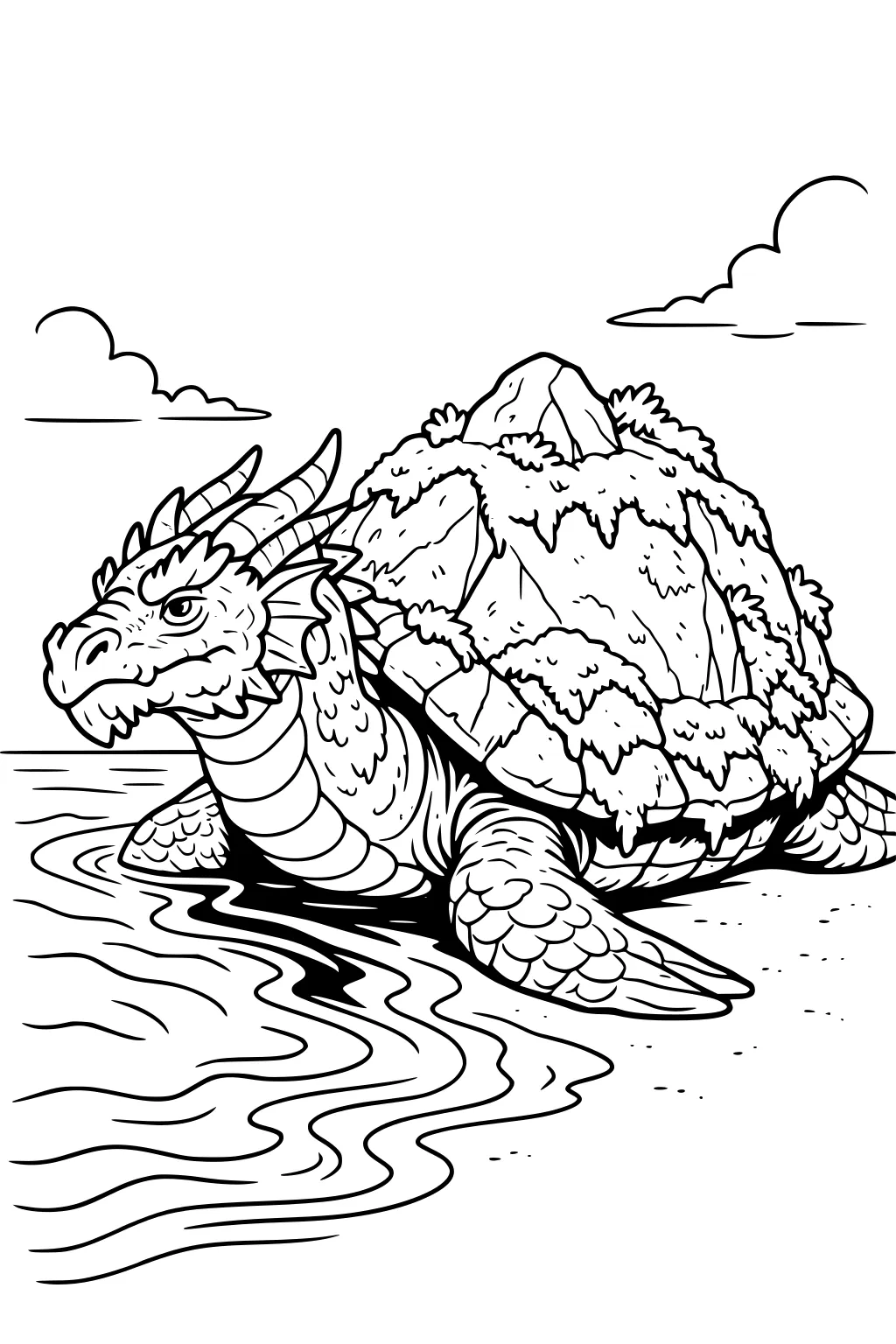 Dragon-turtle with rocky, mossy island shell crawling from water onto sandy shore; horned head, scaled legs, light clouds above.