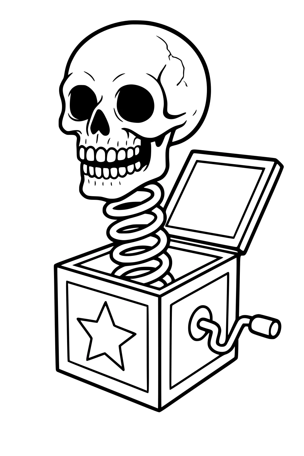 Skull on a spring popping from an open jack-in-the-box with star panel and hand crank, drawn in bold black outlines.