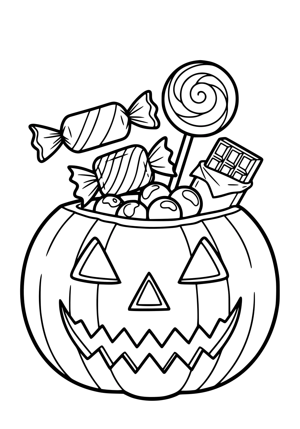 Jack-o-lantern bucket with triangle eyes, zigzag grin, and candy: lollipop, chocolate bar, wrapped sweets, and round pieces.