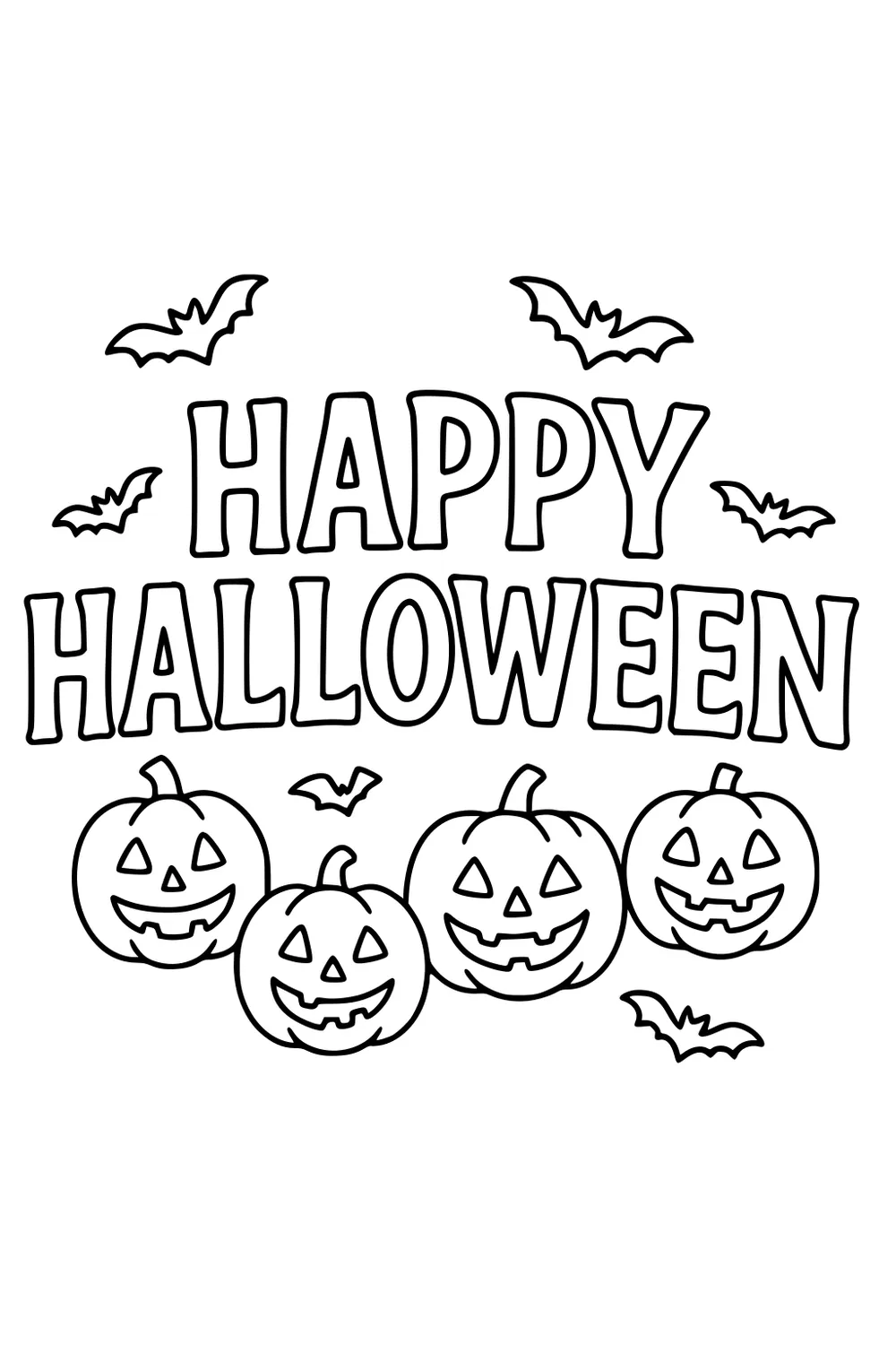 Happy Halloween lettering with four grinning jack-o-lantern pumpkins and small bats flying around in bold, simple outlines.