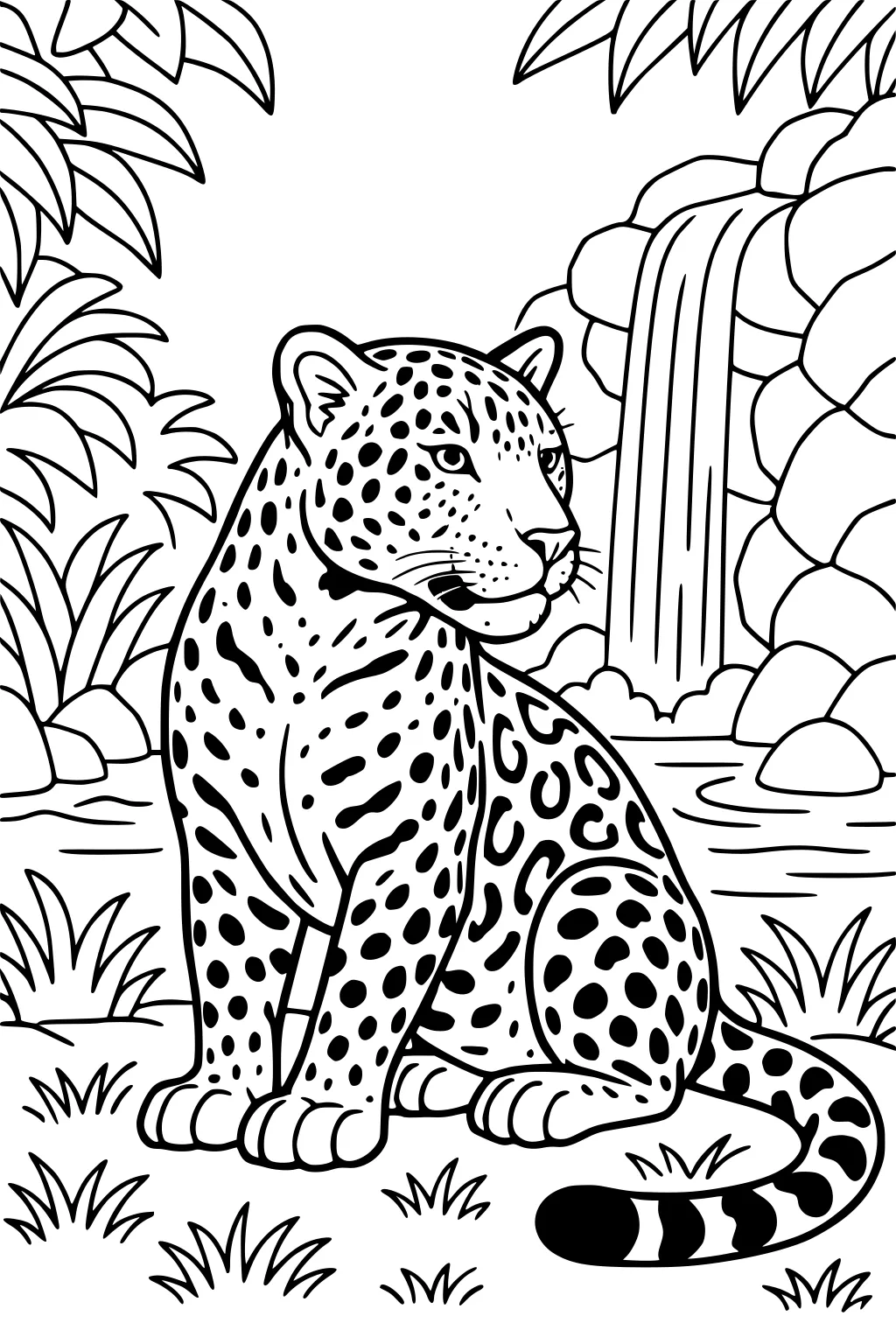 Jaguar with spotted fur sits on grass near a waterfall and rocks, surrounded by leafy jungle plants.