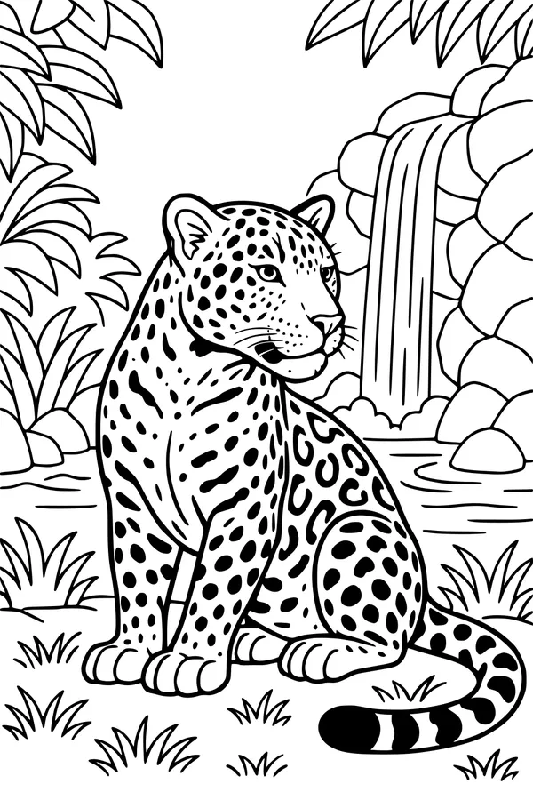Jaguar by the Jungle Waterfall