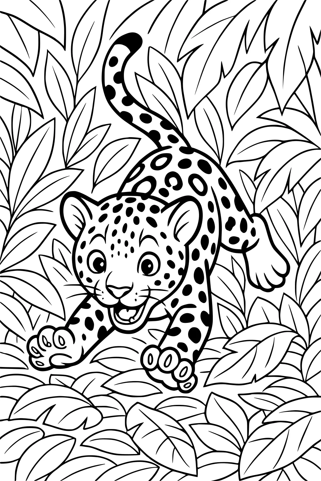 Cartoon jaguar cub with spots leaping playfully through a thick jungle with big overlapping leaves.