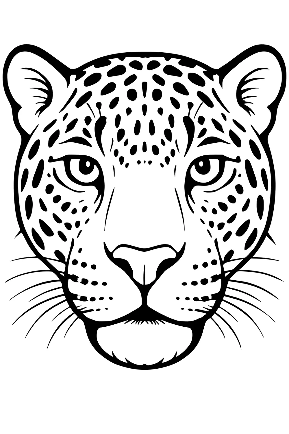 Jaguar face with bold spots, round ears, big eyes, broad nose, and long curved whiskers, looking straight ahead.