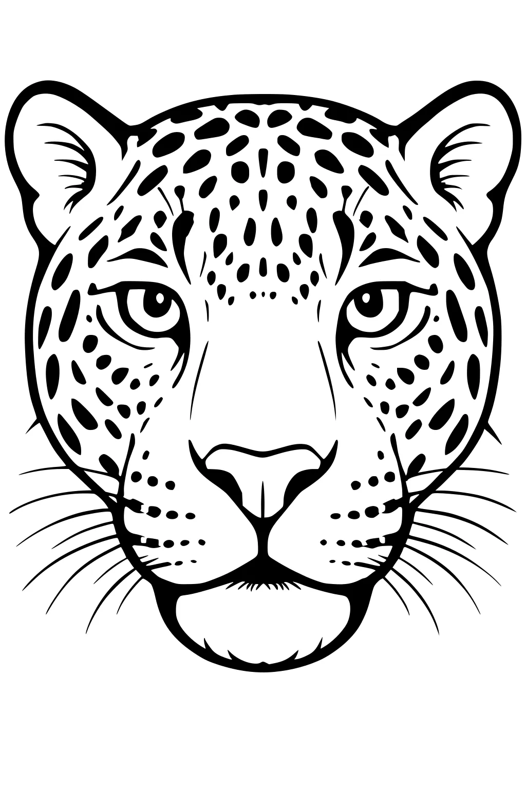 Jaguar face with bold spots, round ears, big eyes, broad nose, and long curved whiskers, looking straight ahead.