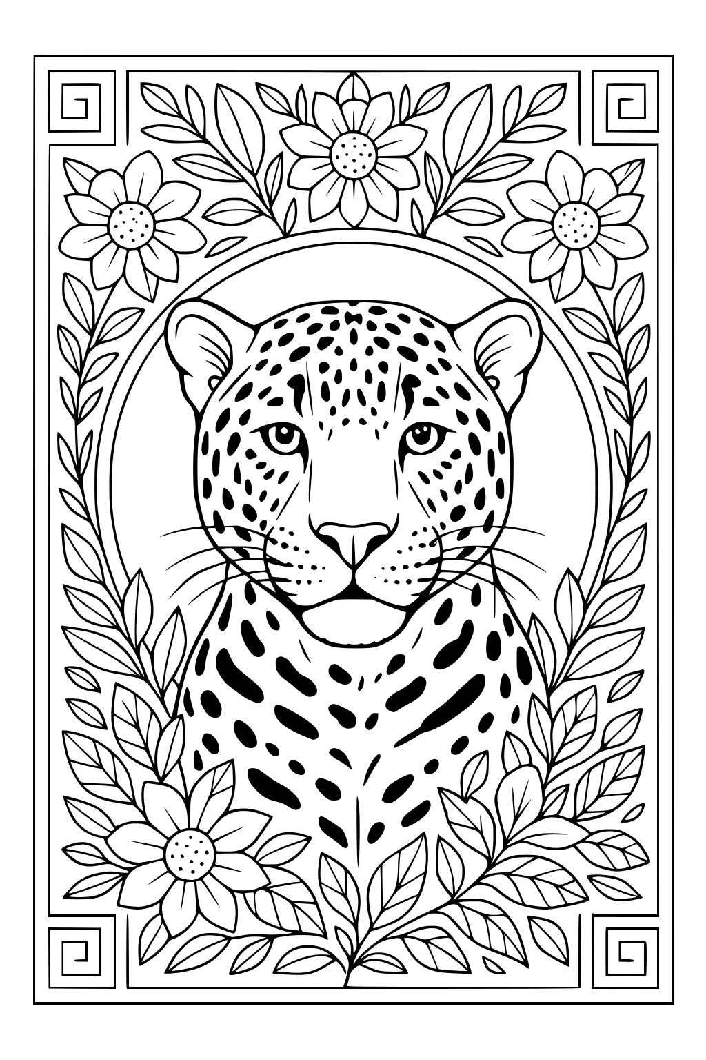 Jaguar face surrounded by large flowers, leafy vines, and a decorative square border.