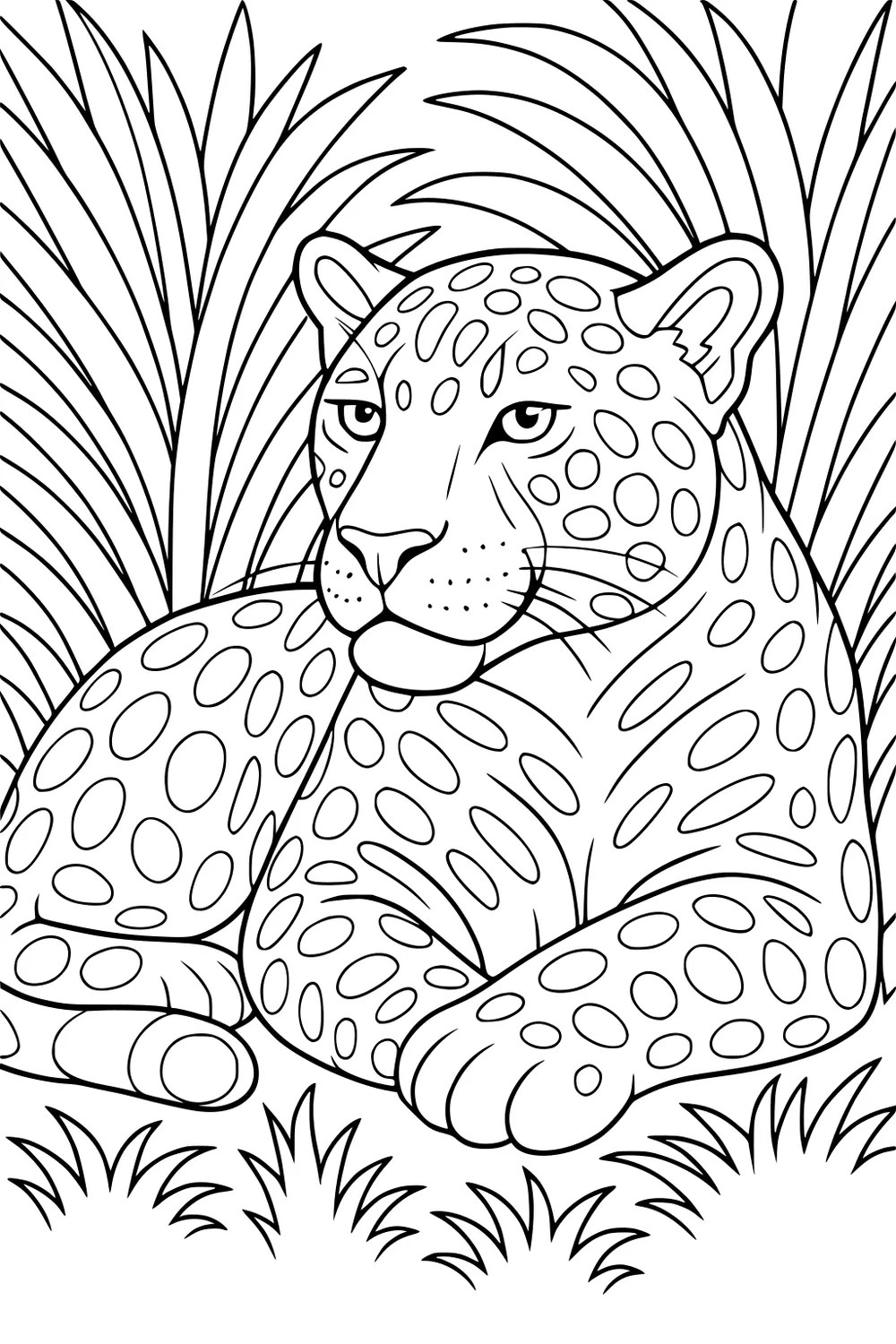 Jaguar with spotted fur lying on grass, surrounded by tall leafy plants in the background.