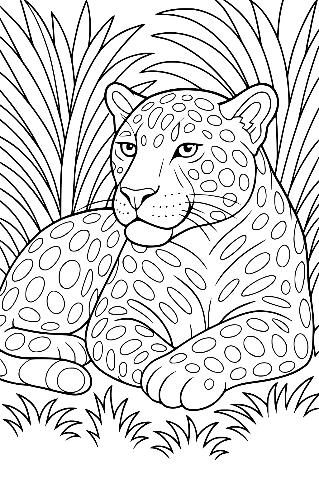Jaguar with spotted fur lying on grass, surrounded by tall leafy plants in the background.