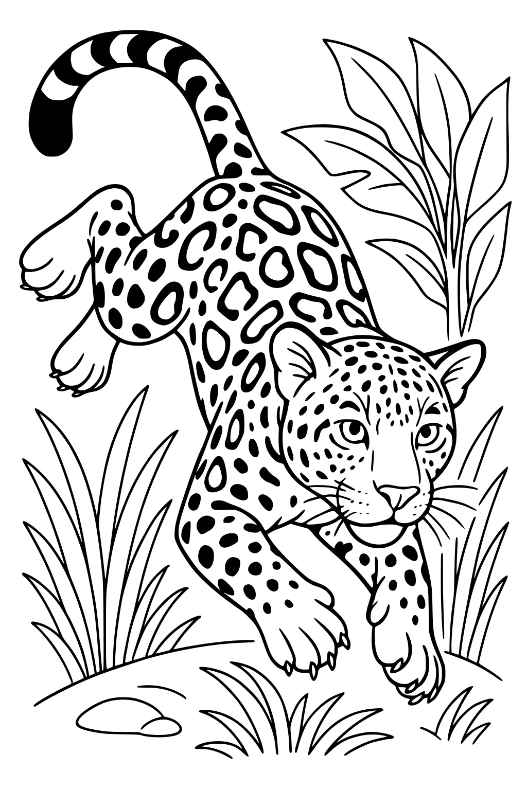 Jaguar with spots and a striped tail leaping through grass with plants and rocks in the background.