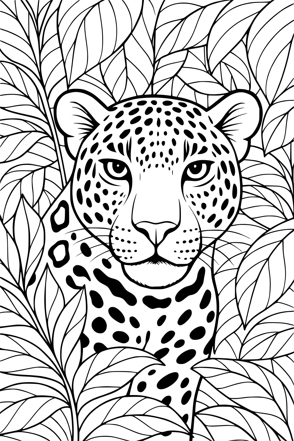 Jaguar with spotted fur surrounded by overlapping jungle leaves, detailed face and bold patterns.