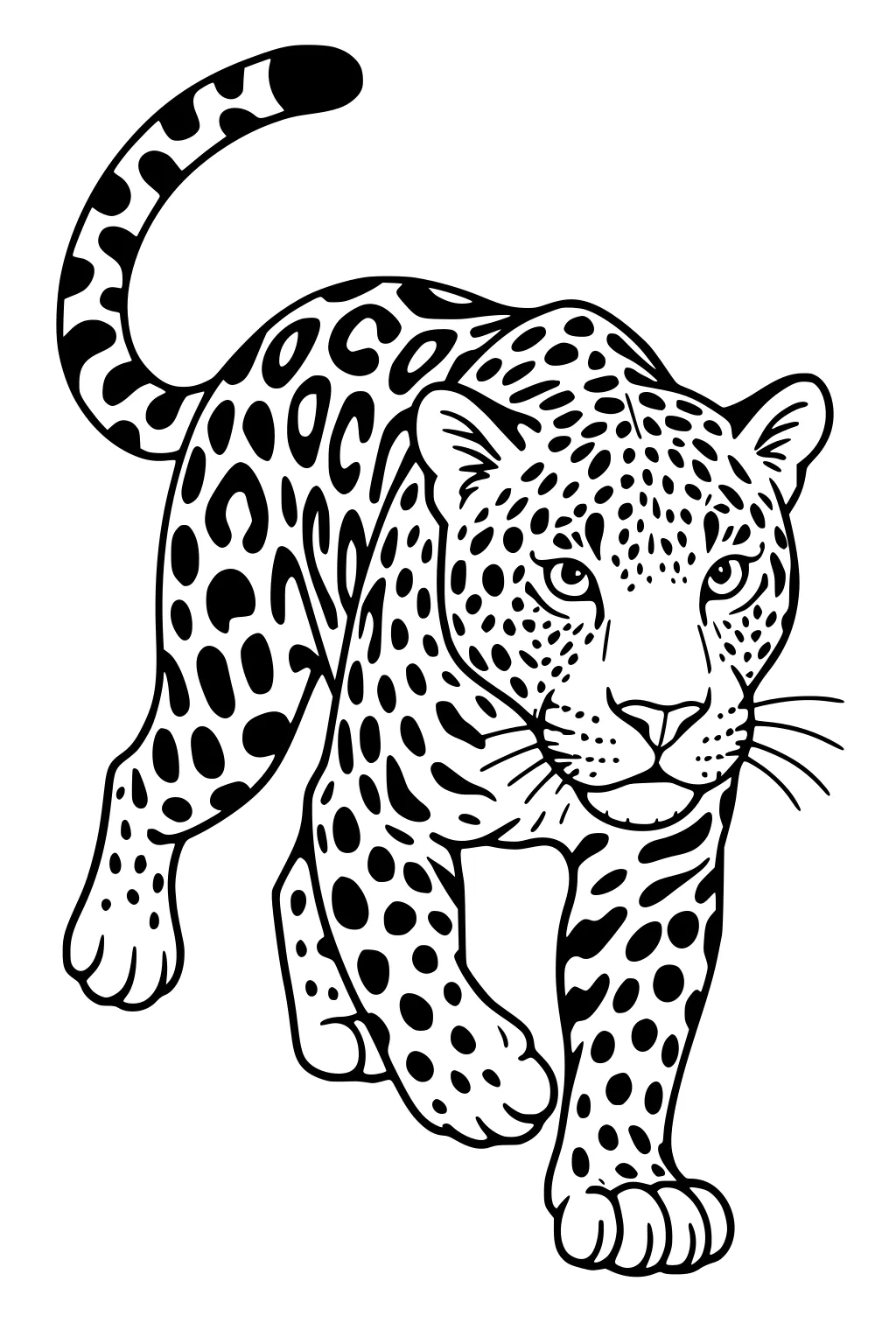 Jaguar with spots walking forward, tail raised, and focused eyes, outlined in black and white.