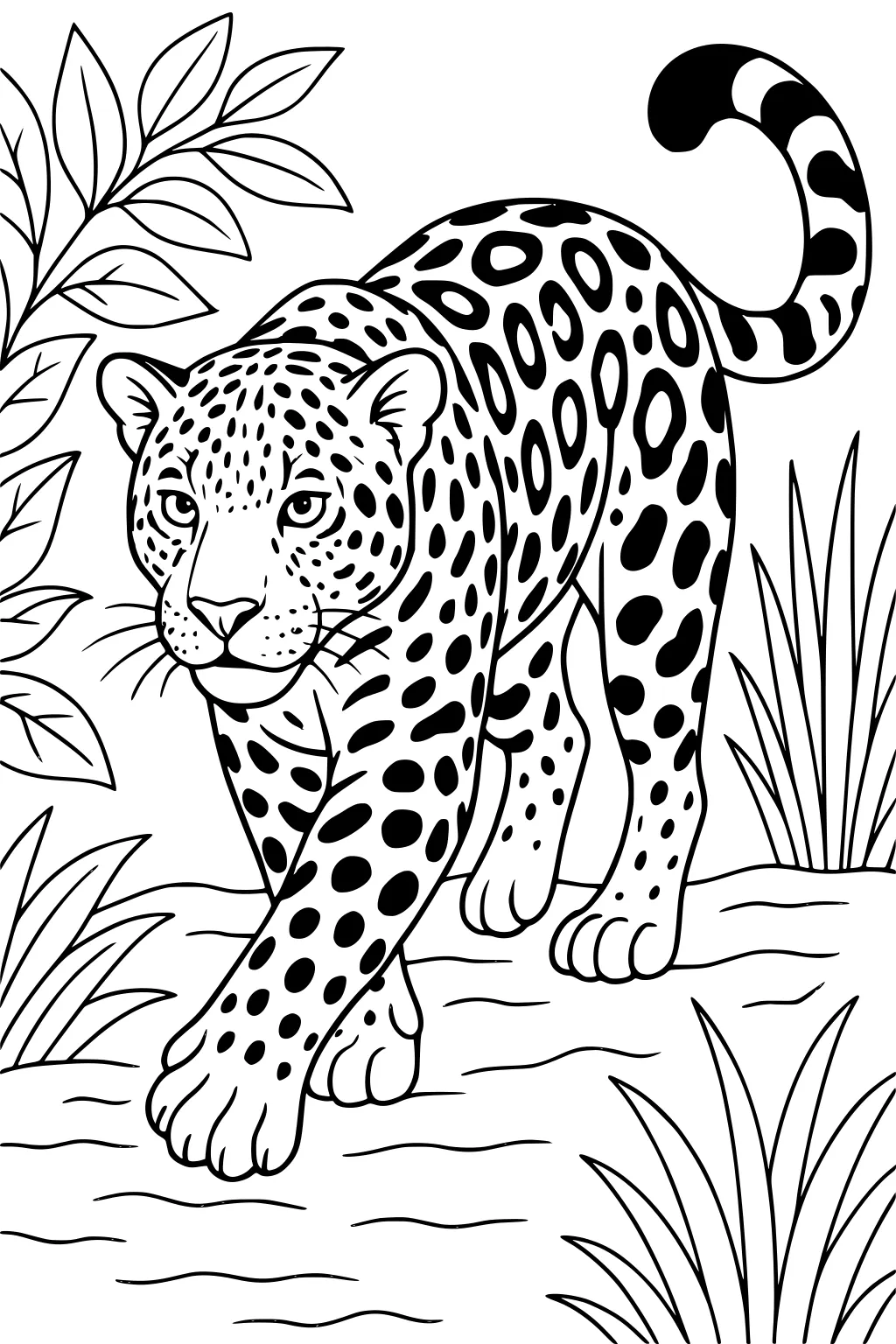 Jaguar with black spots walking on ground, leafy plants and grass on each side.