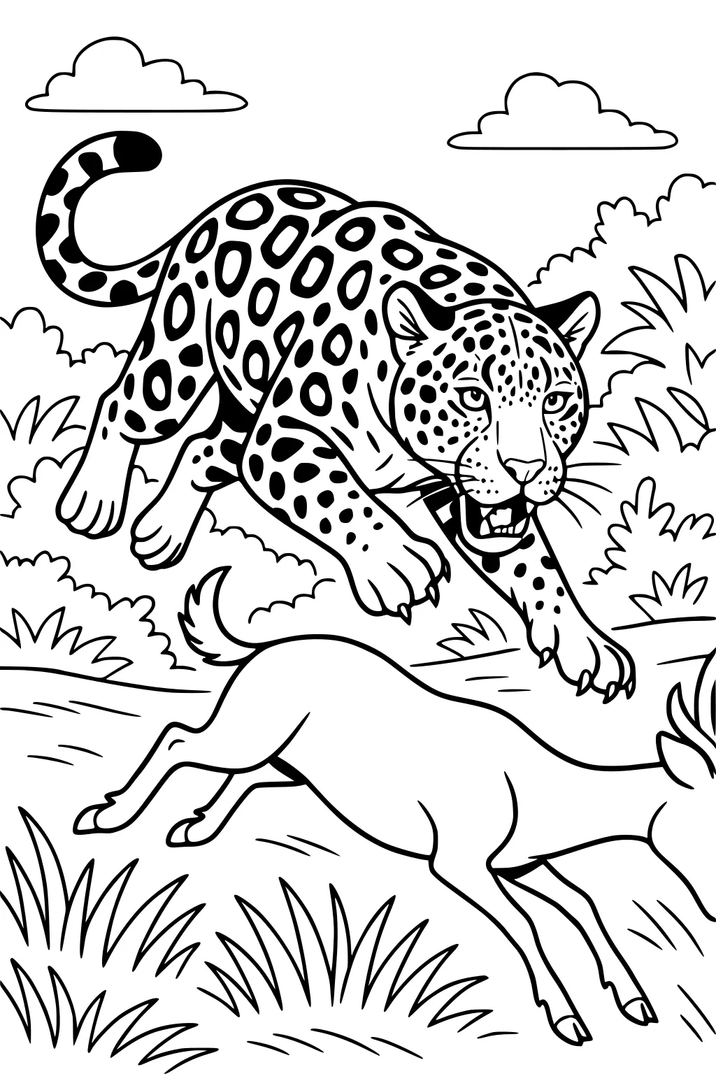 Jaguar with spots leaps toward a deer running through grass, bushes, and puffy clouds in the background.