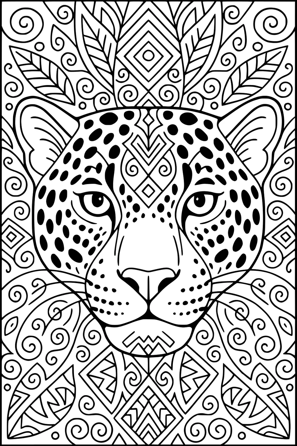 Jaguar face with dark spots, surrounded by leafy, swirly, and geometric patterns in a detailed line drawing.
