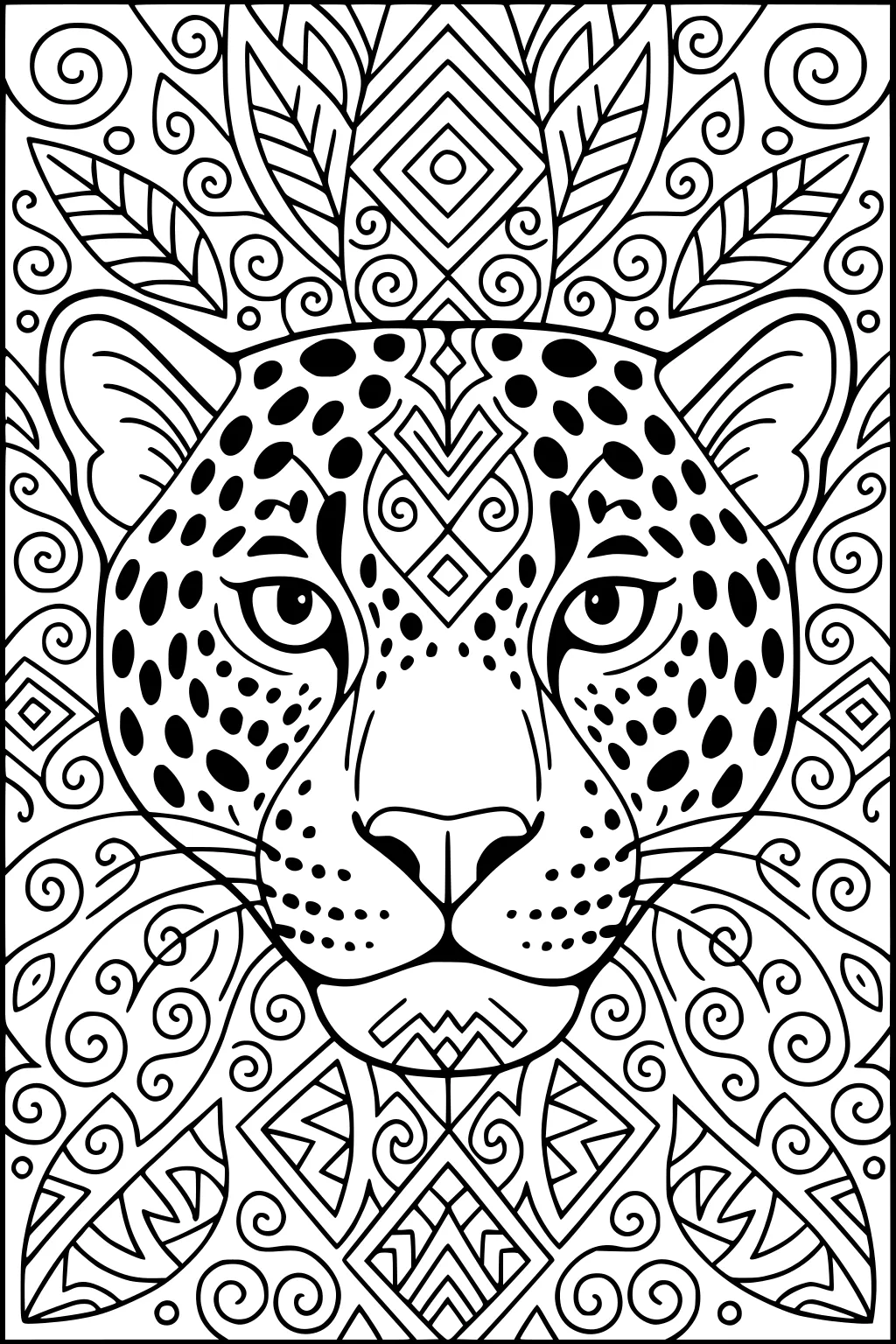Jaguar face with dark spots, surrounded by leafy, swirly, and geometric patterns in a detailed line drawing.