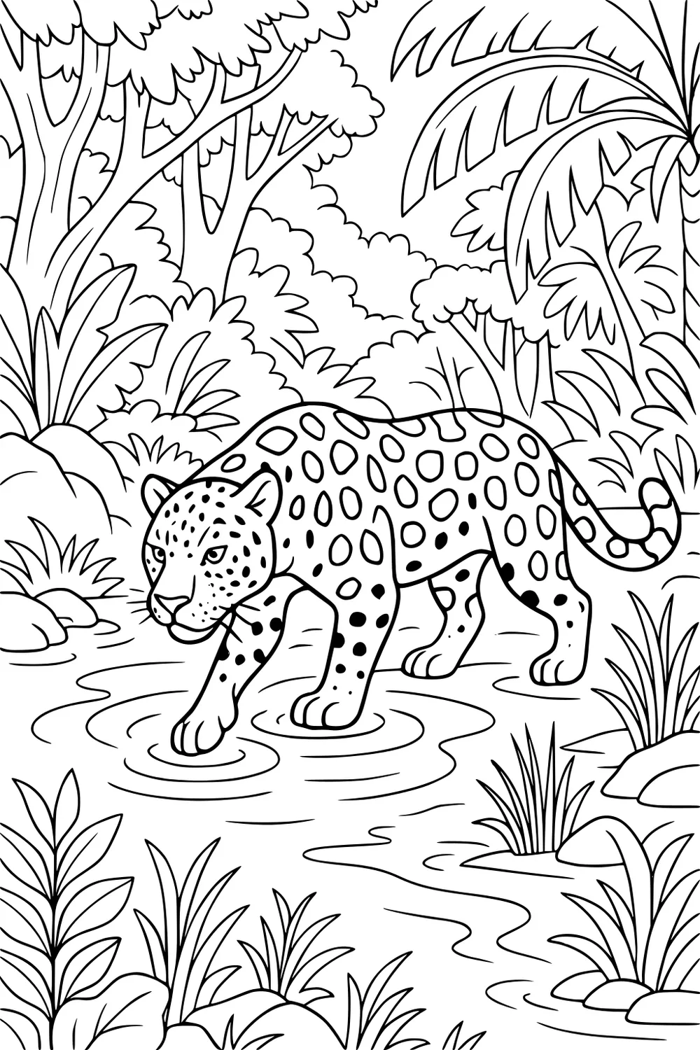 Jaguar with spotted fur walks in a shallow stream surrounded by rainforest plants and trees.