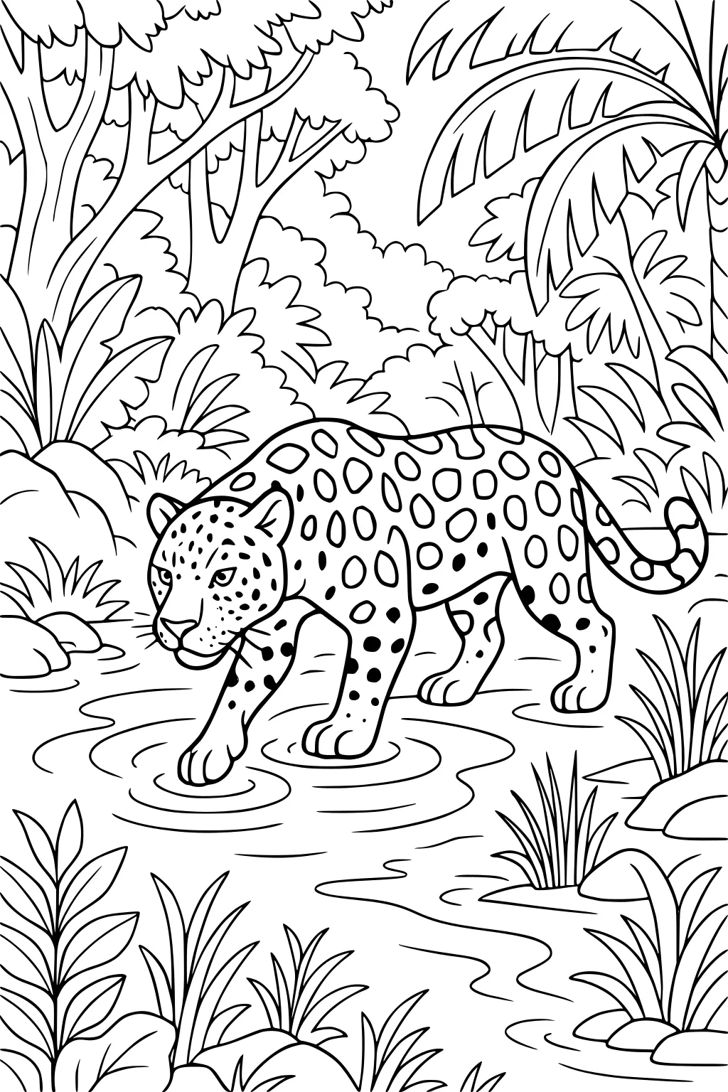 Jaguar with spotted fur walks in a shallow stream surrounded by rainforest plants and trees.