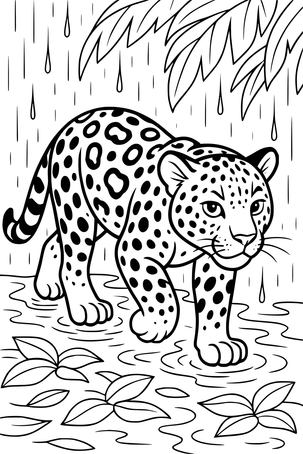 Jaguar with spots walking through jungle puddle while it rains, leaves hanging above and plants on ground.