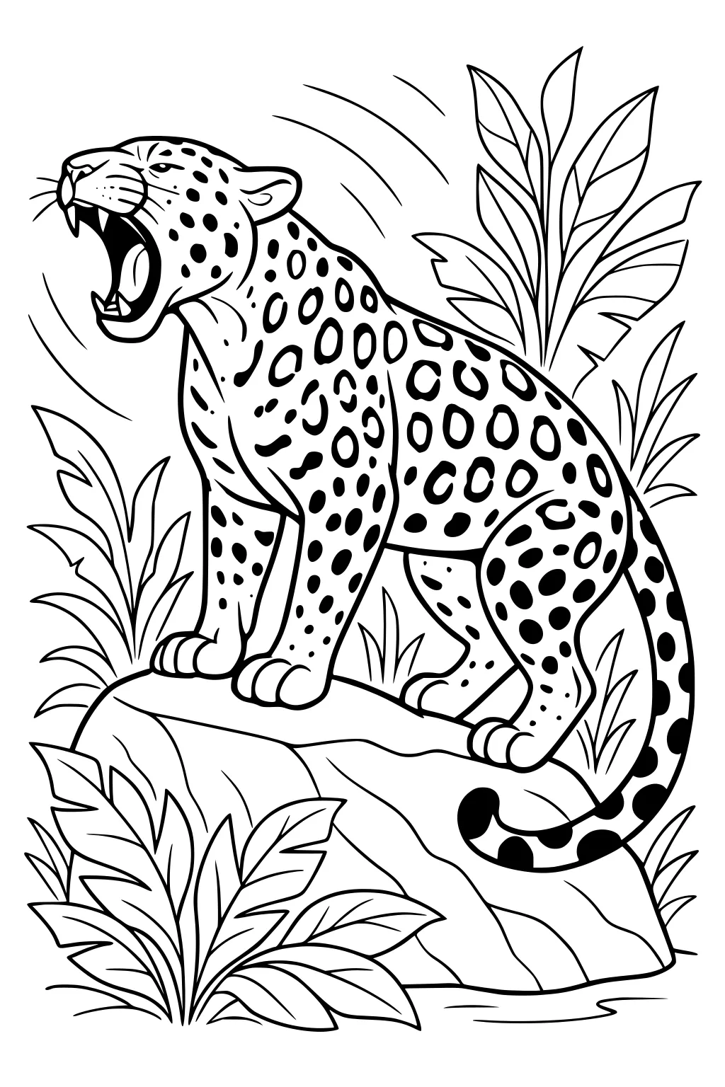 Jaguar with open mouth standing on rock, surrounded by big leafy jungle plants.