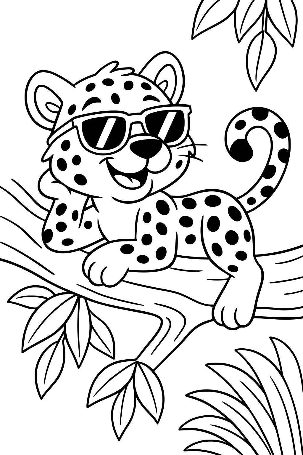 Cartoon jaguar with sunglasses relaxing on tree branch among leafy jungle plants.