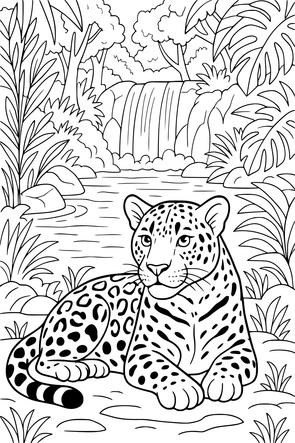 Jaguar with spots lying near a jungle waterfall, plants and trees in the background.