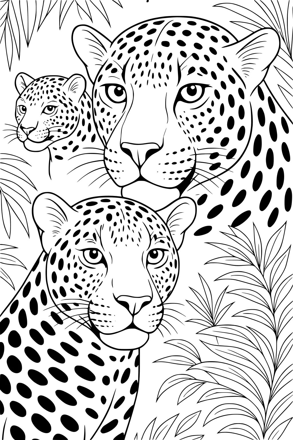 Three jaguars with spotted fur sitting among jungle leaves and branches, with detailed faces and alert eyes.