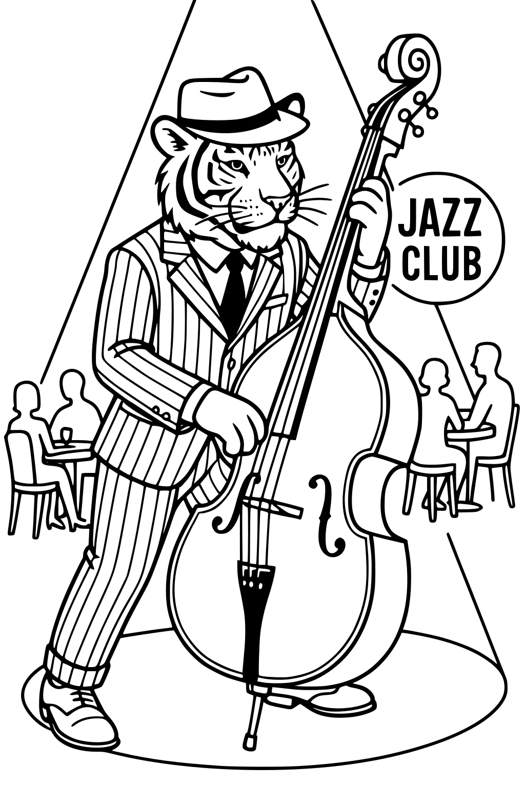 Tiger in a suit and hat playing upright bass on stage at a jazz club with seated audience in background.