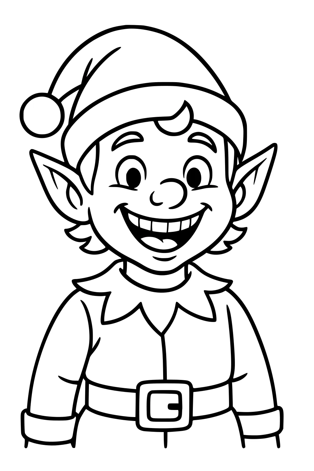 Smiling boy elf with pom-pom hat, pointy ears, scalloped collar, tunic, and square-buckle belt, shown from chest up.