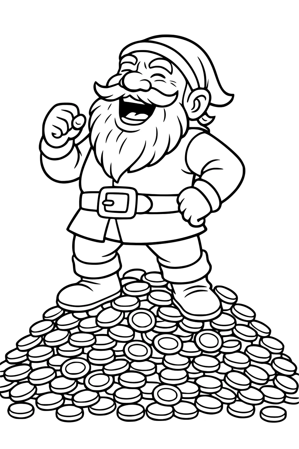 Laughing bearded dwarf stands on coin pile, holding a coin, wearing cap, wide belt, and boots in bold cartoon line art.