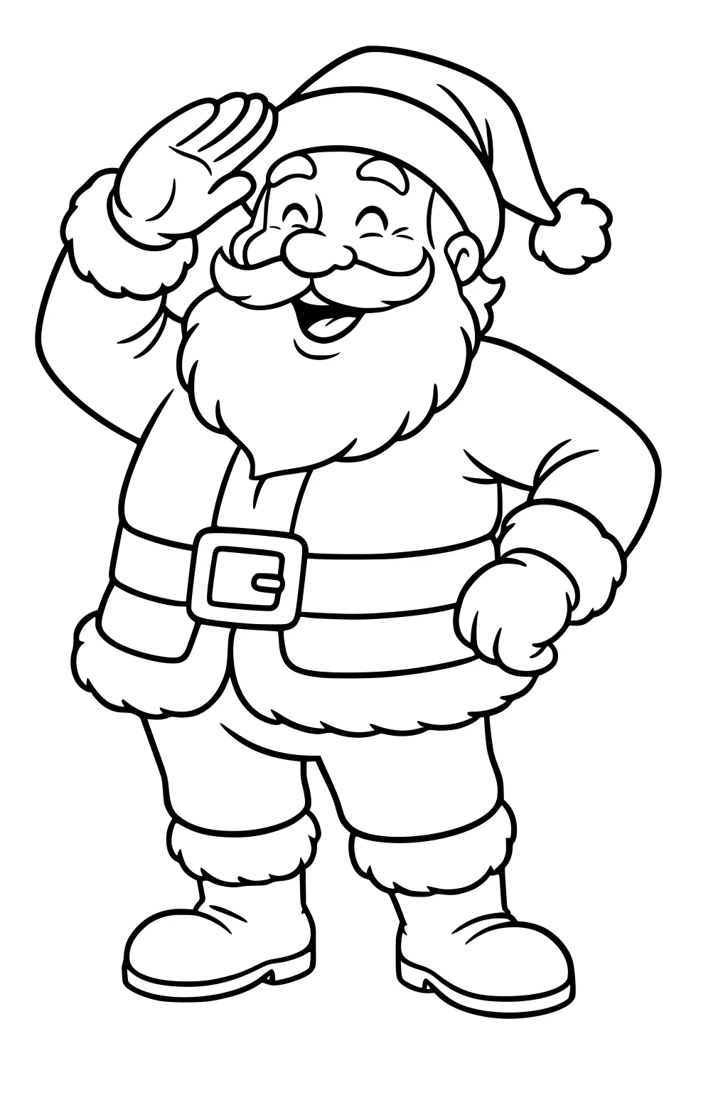 Jolly Santa salutes, hand on hip, in hat, belt, gloves, and boots; bold outline for coloring.