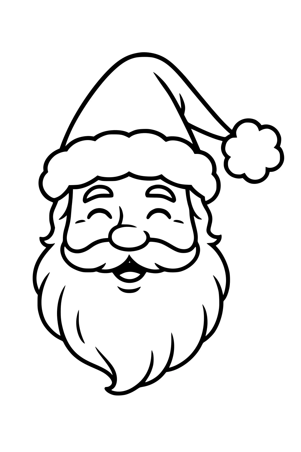 Smiling Santa Claus head with closed eyes, pom-pom hat, curled mustache, and wavy beard in bold lines on a white background.