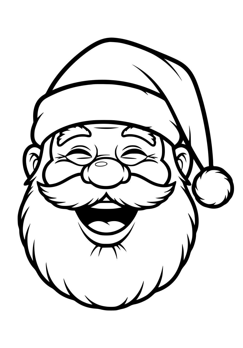 Black-and-white line drawing of Santa Claus's laughing face with fluffy hat, pom-pom, thick mustache, and big beard.