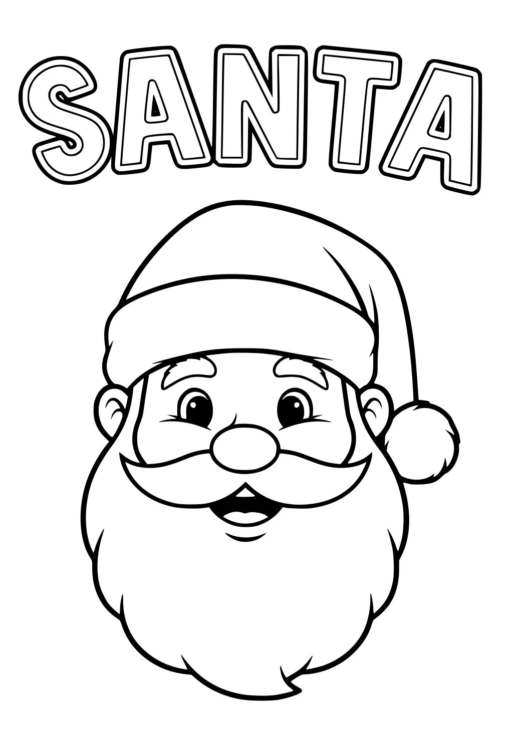 Outlined Santa face with hat and pom-pom, bushy beard, mustache, smiling mouth, and SANTA in bold letters above.
