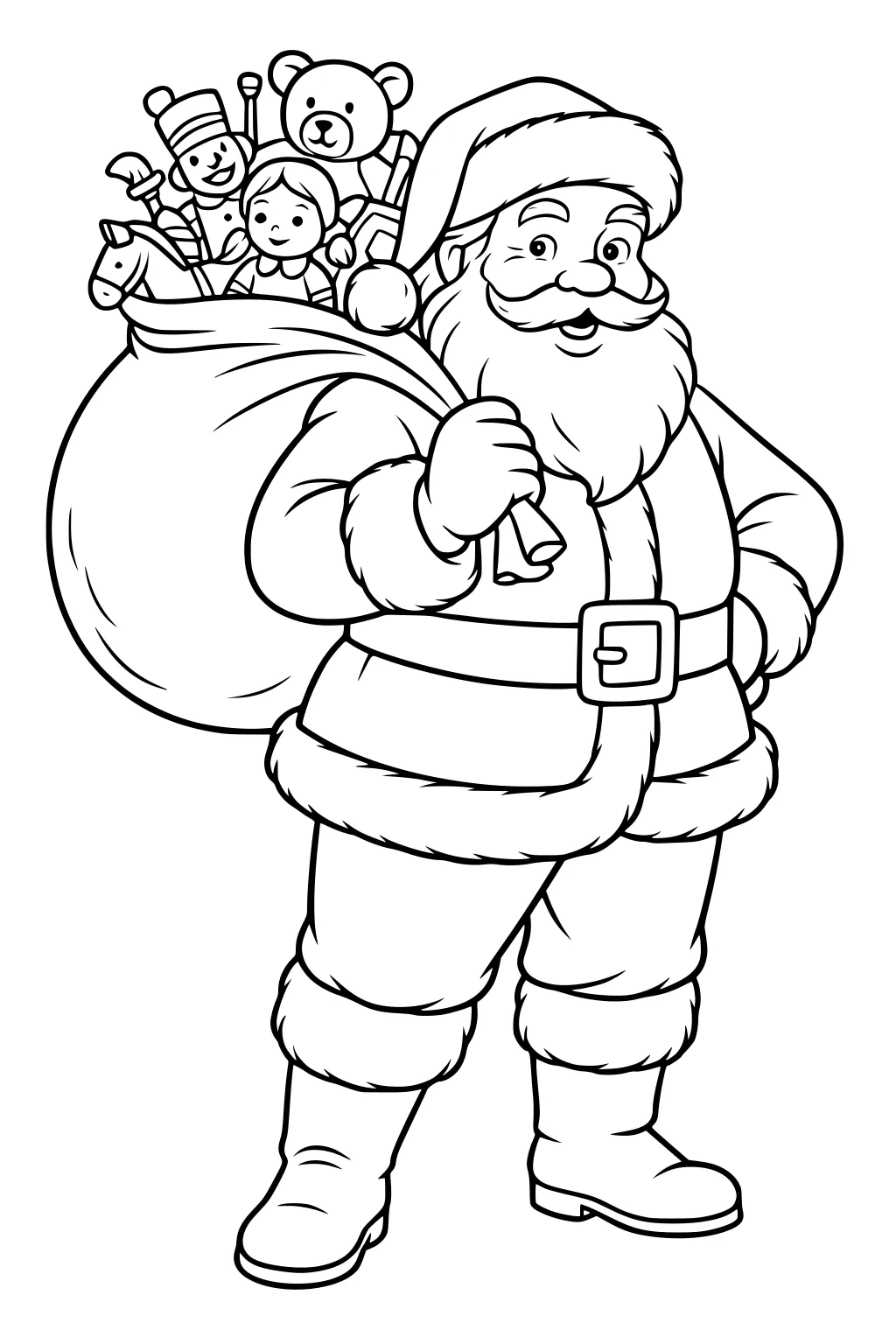 Santa with toy-filled sack: teddy bear, toy soldier, girl doll, candy canes, hobby horse; in fur-trimmed suit, belt, boots.