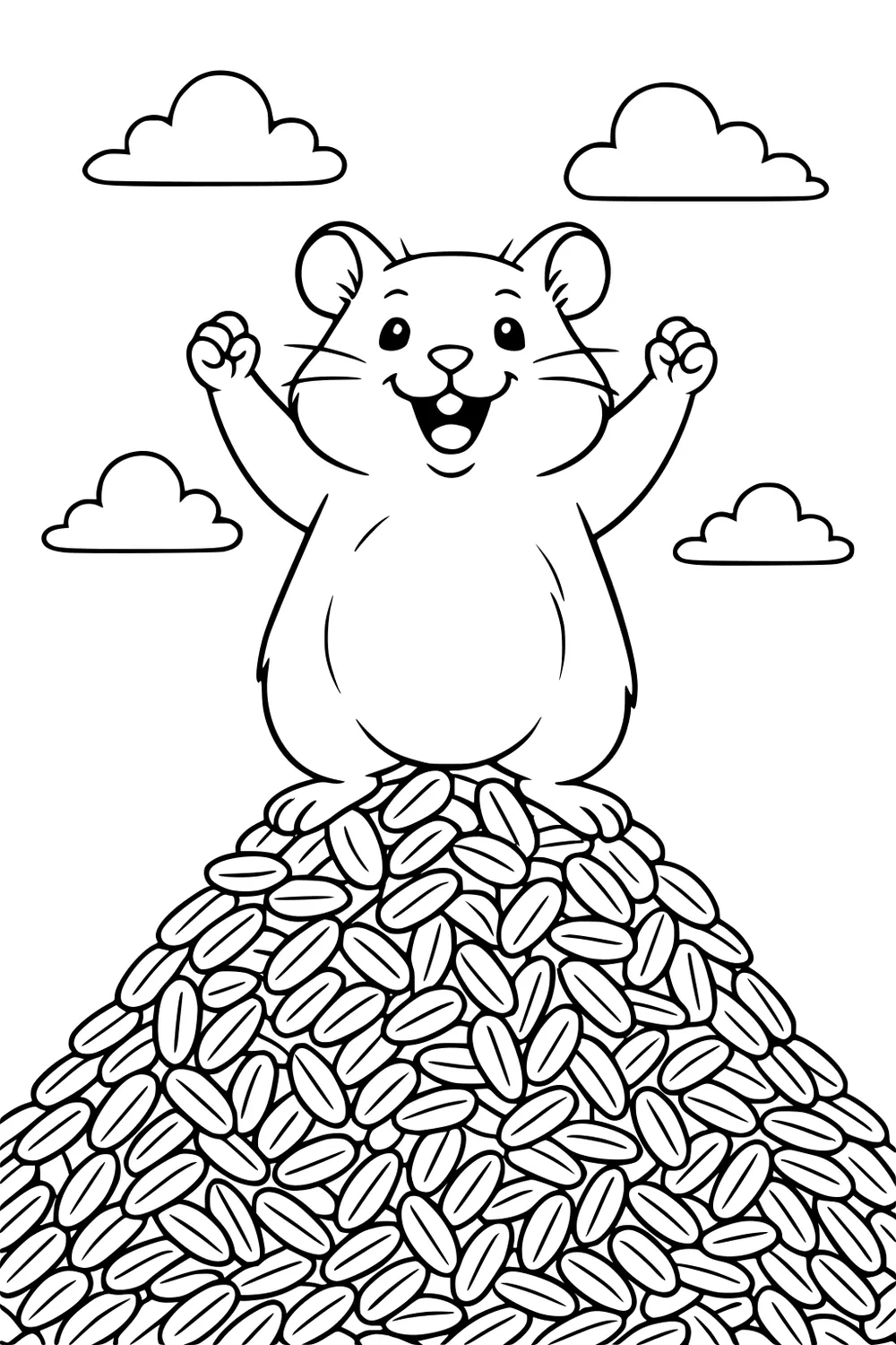 Hamster with arms up standing on a large mound of seeds. Four cartoon clouds in the sky.