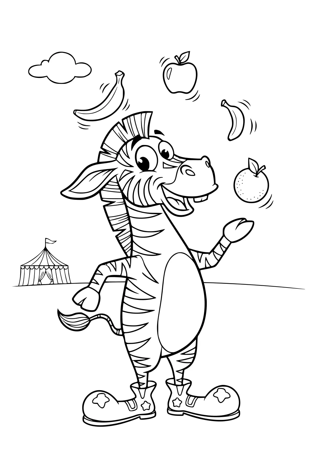 Cartoon zebra in starry clown shoes juggling apple, orange, and two bananas with a small circus tent and a cloud behind.