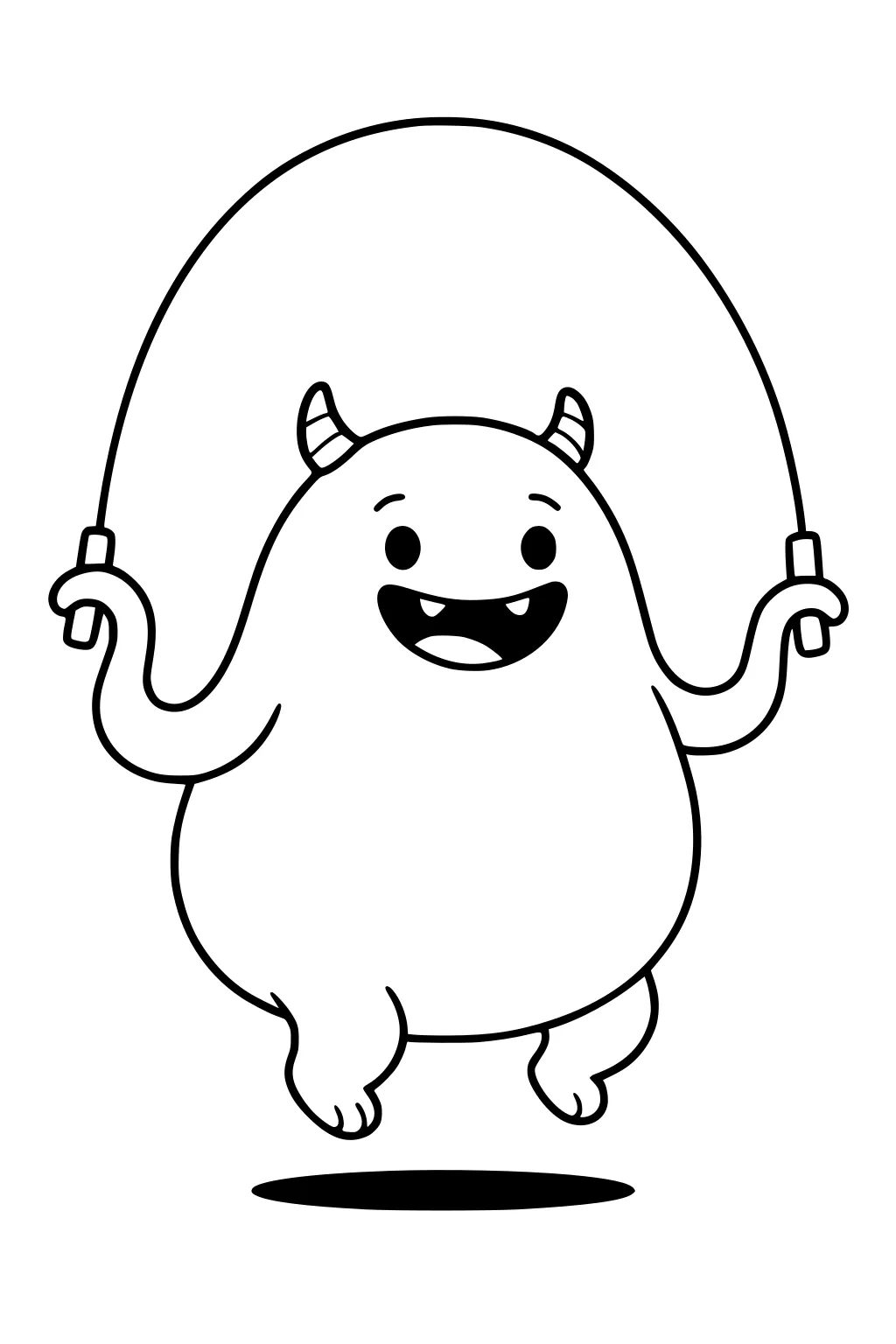 Happy round monster with small striped horns jumping rope, midair with oval shadow, gripping handles; simple bold cartoon lines.
