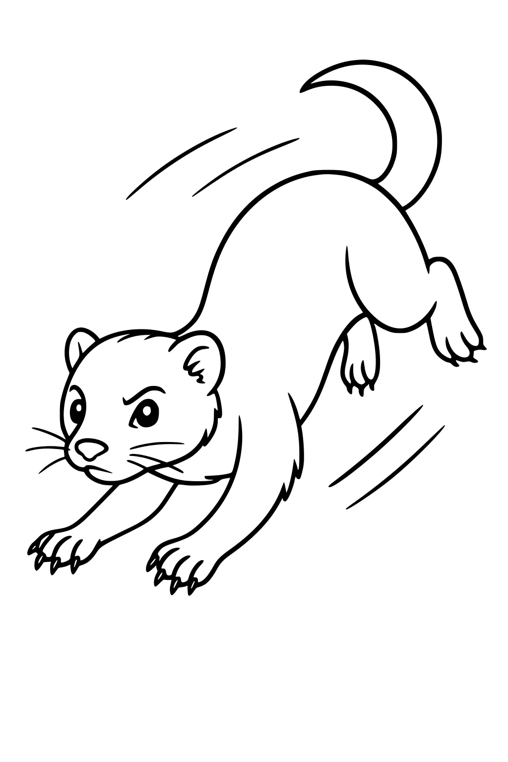 Cartoon ferret running with tail up, front paws stretched forward, and motion lines showing fast movement.