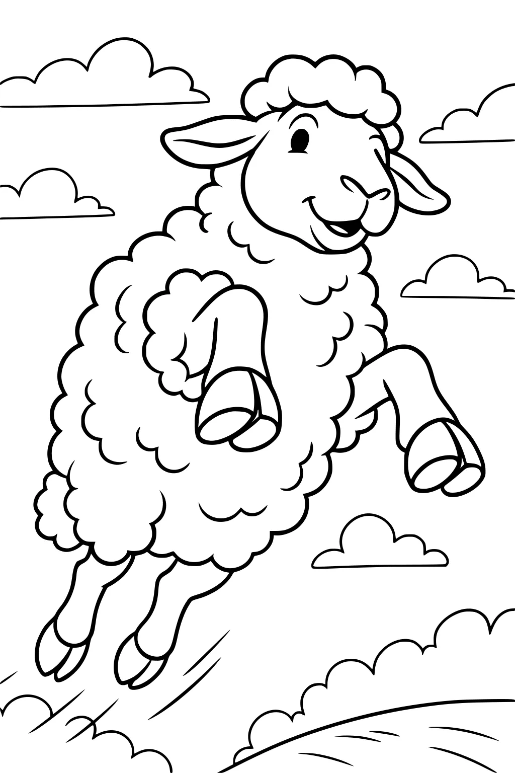 A fluffy sheep with a big smile jumps above a hill, with puffy clouds in the background.