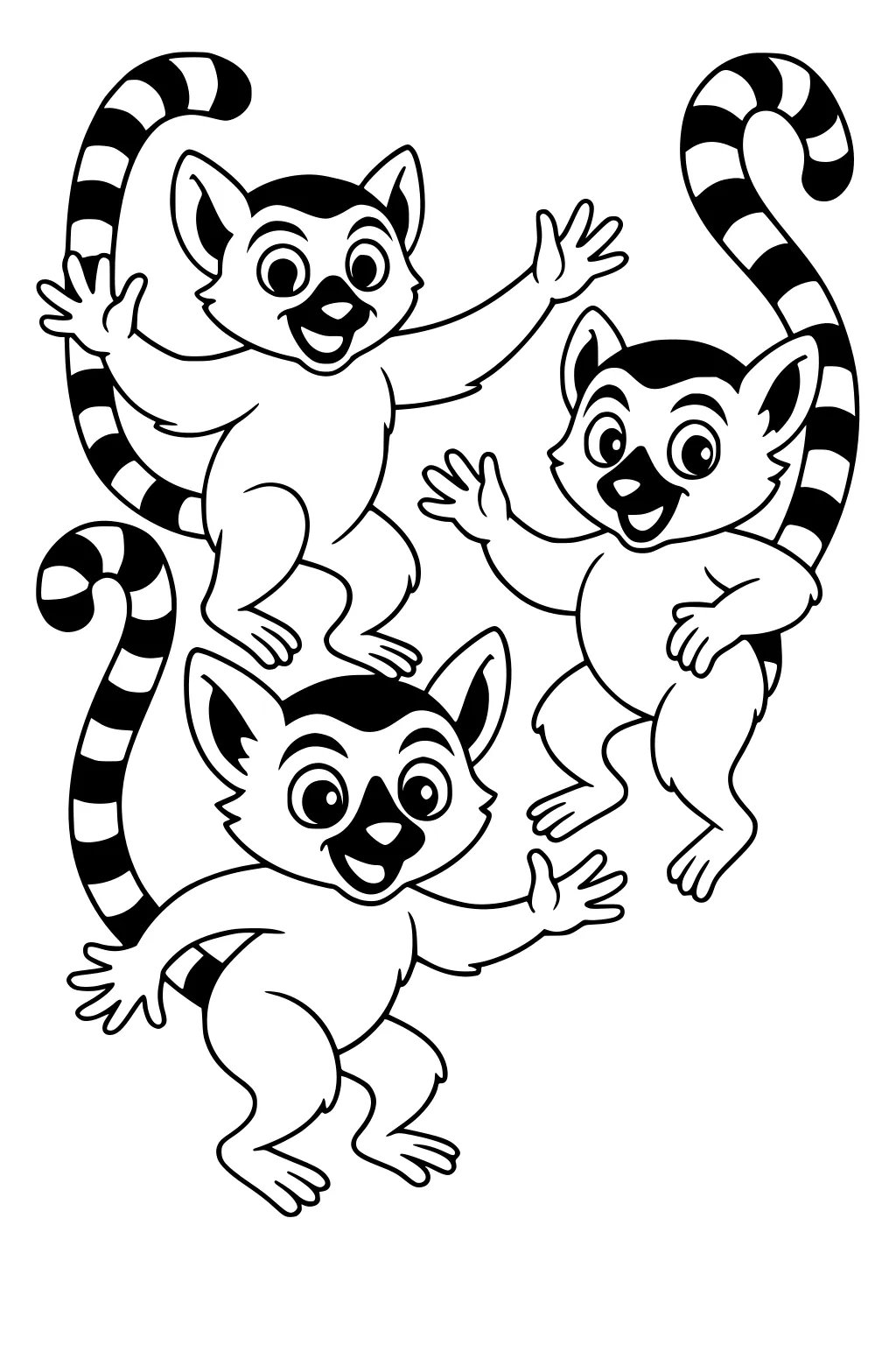 Three cartoon lemurs with striped tails waving their arms and smiling with wide eyes and open mouths.