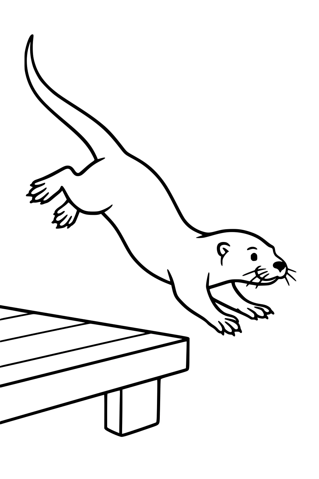 Otter jumping off a wooden dock, body extended with tail curved and all four paws reaching forward.