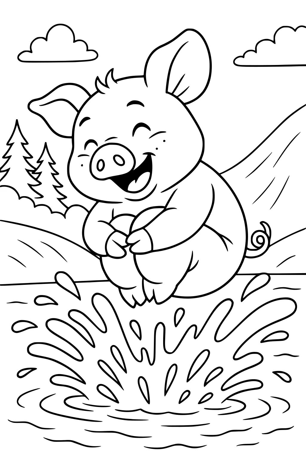 Cartoon piglet with big ears and a happy face splashing into a pond, surrounded by trees, hills, and clouds.
