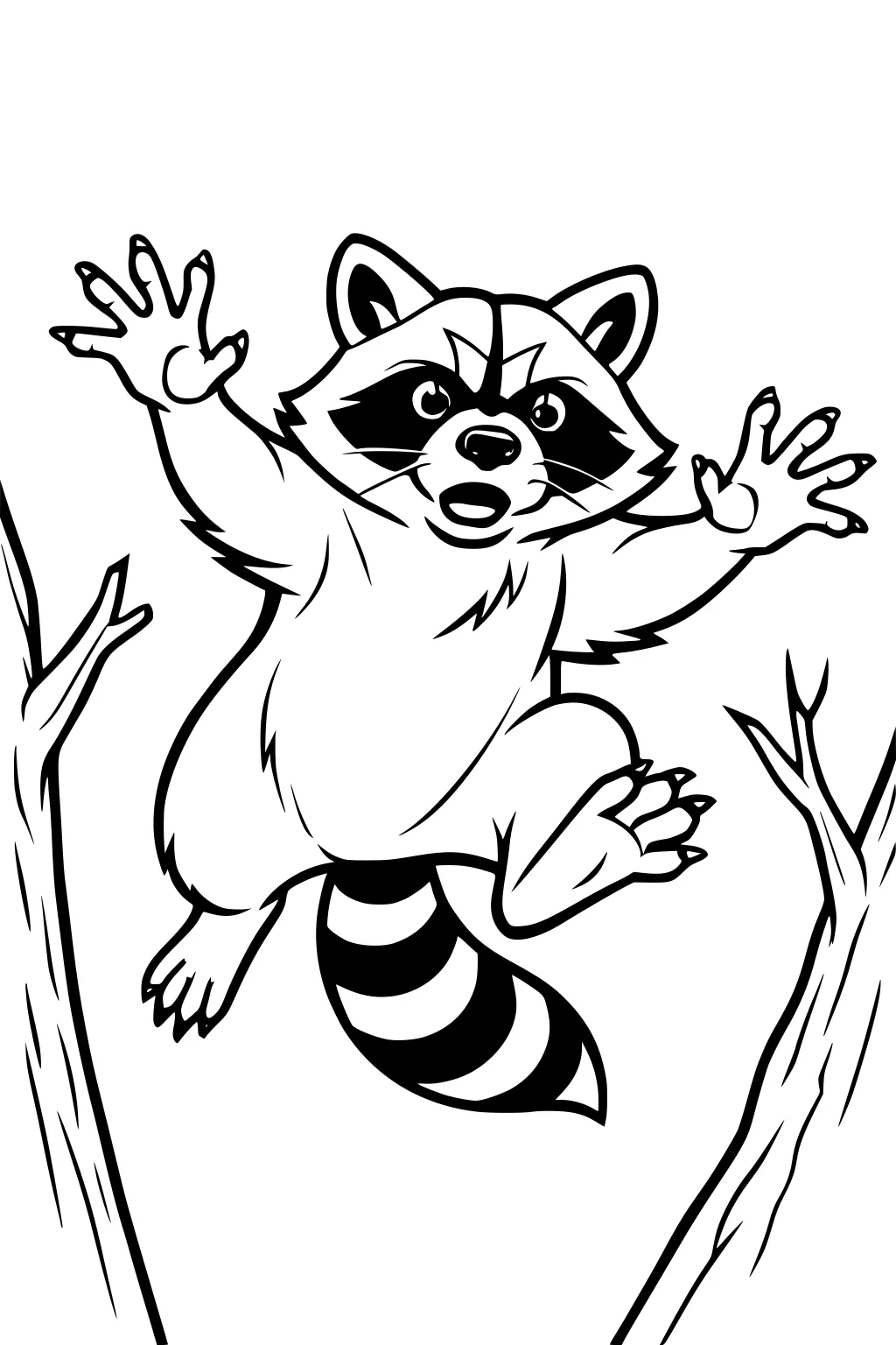 Raccoon with striped tail leaping between bare tree branches, paws spread and mouth open.