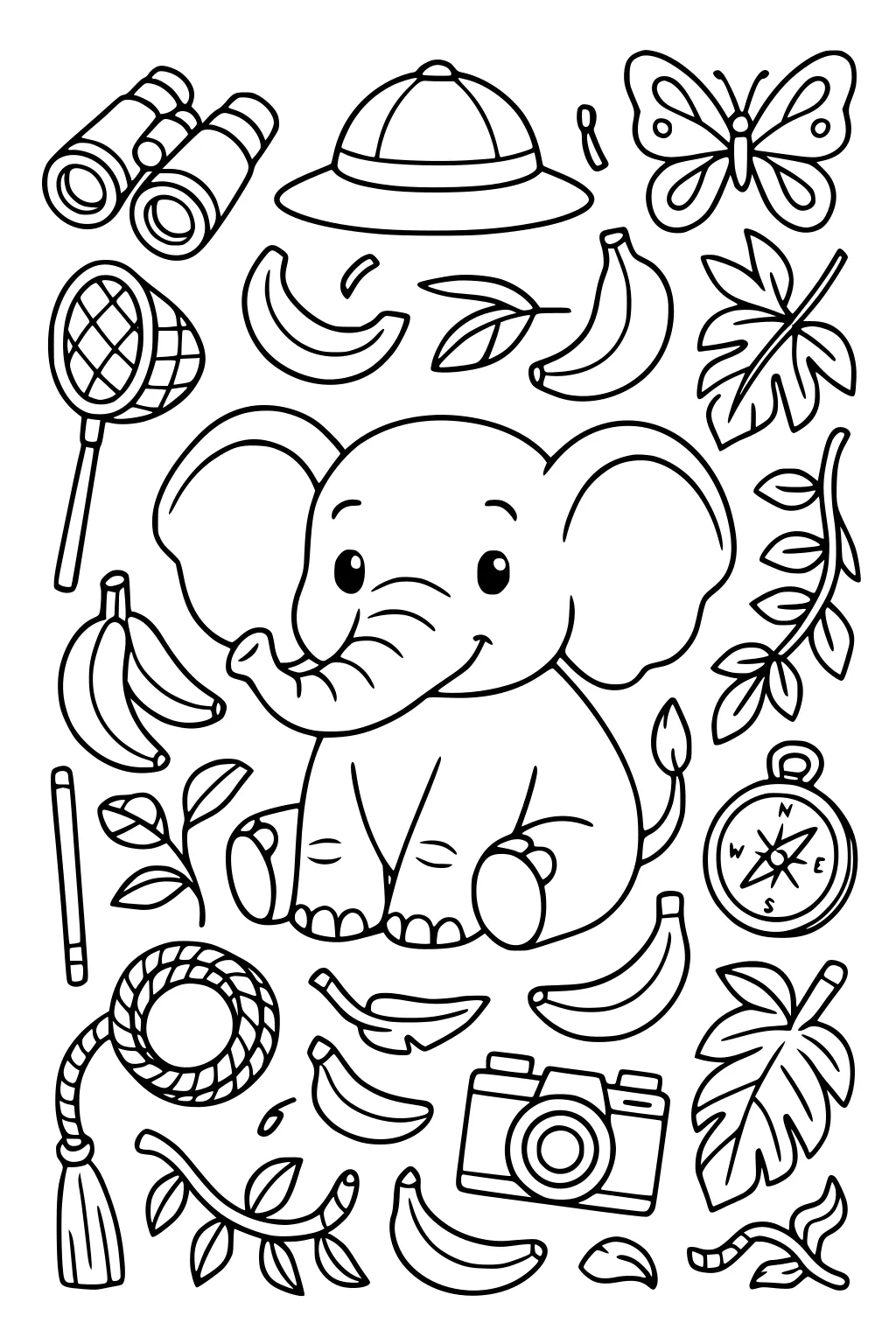Baby elephant sitting with bananas, leaves, safari hat, binoculars, camera, compass, rope, butterfly, net, and vines